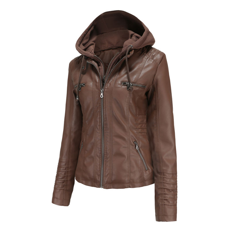 Coffee Removable Hooded Washed PU Leather Jacket TQK280096-15