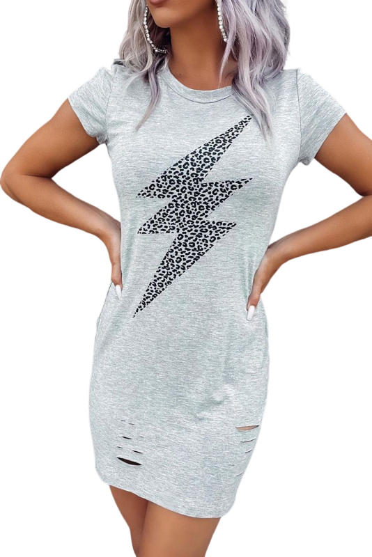 Gray Distressed Leopard Lightening Graphic T-shirt Dress LC6113939-11