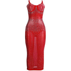 Red Mesh Rhinestone Plus Size Sling Dress TQK310775-3