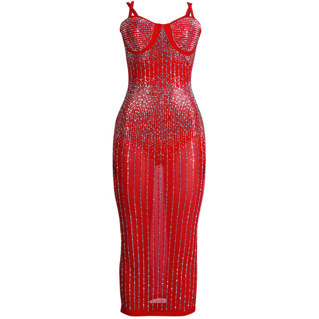 Red Mesh Rhinestone Plus Size Sling Dress TQK310775-3