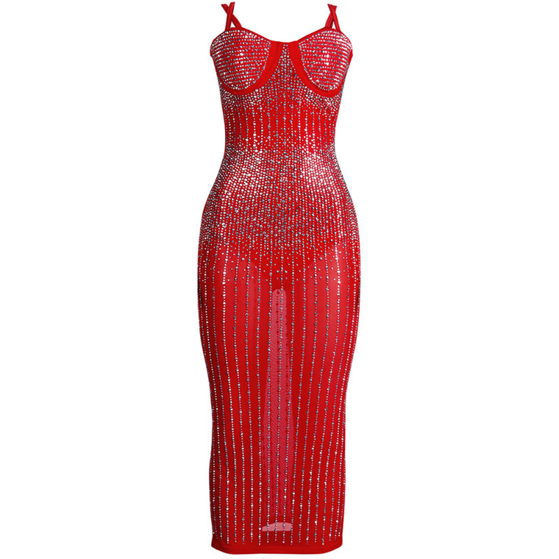 Red Mesh Rhinestone Plus Size Sling Dress TQK310775-3