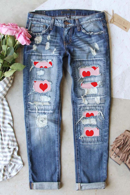 Sky Blue Valentine's Day Heart Patchwork Distressed Jeans LC7872635-4