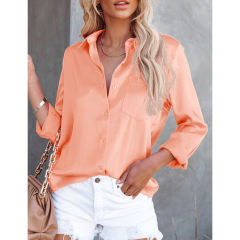Orange V Neck Satin Pocketed  Long Sleeve Shirt TQX221065-14