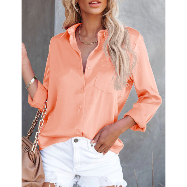 Orange V Neck Satin Pocketed  Long Sleeve Shirt TQX221065-14