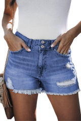 Sky Blue Distressed Raw Hem Buttons Denim Shorts with Pockets LC781037-4