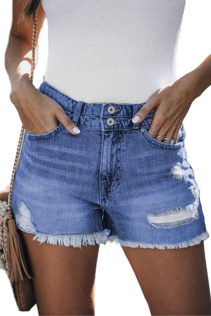 Sky Blue Distressed Raw Hem Buttons Denim Shorts with Pockets LC781037-4
