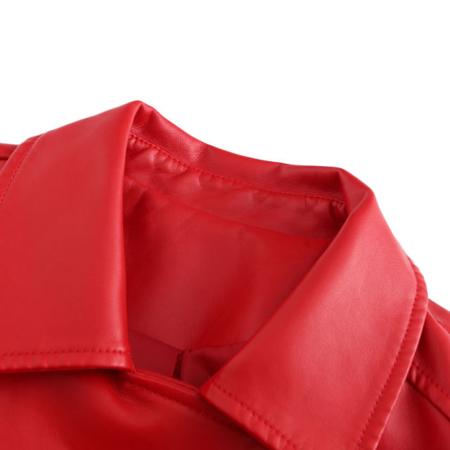 Red Turn Down Slim Fit PU Leather Jacket TQK280095-3