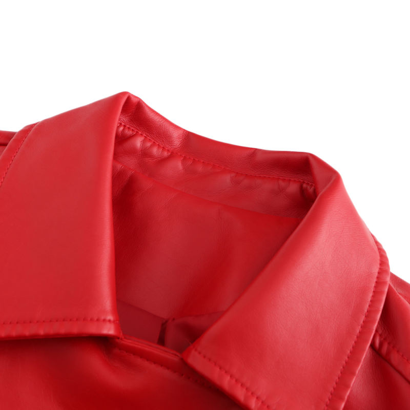 Red Turn Down Slim Fit PU Leather Jacket TQK280095-3