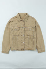 Khaki Frayed Trim Rivet Denim Jacket LC788104-16