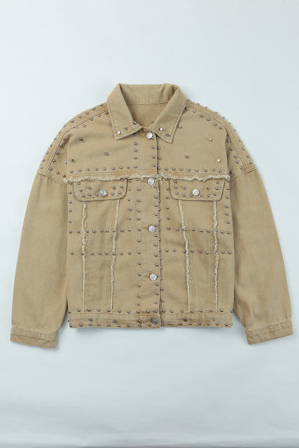 Khaki Frayed Trim Rivet Denim Jacket LC788104-16