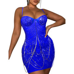 Blue Padded Rhinestone Studded Mesh Sling Bodycon Dress TQK311158-5