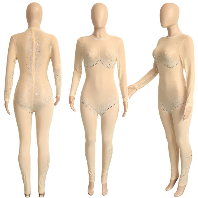 Apricot Mesh Rhinestone Long Sleeve Jumpsuit TQK550274-18