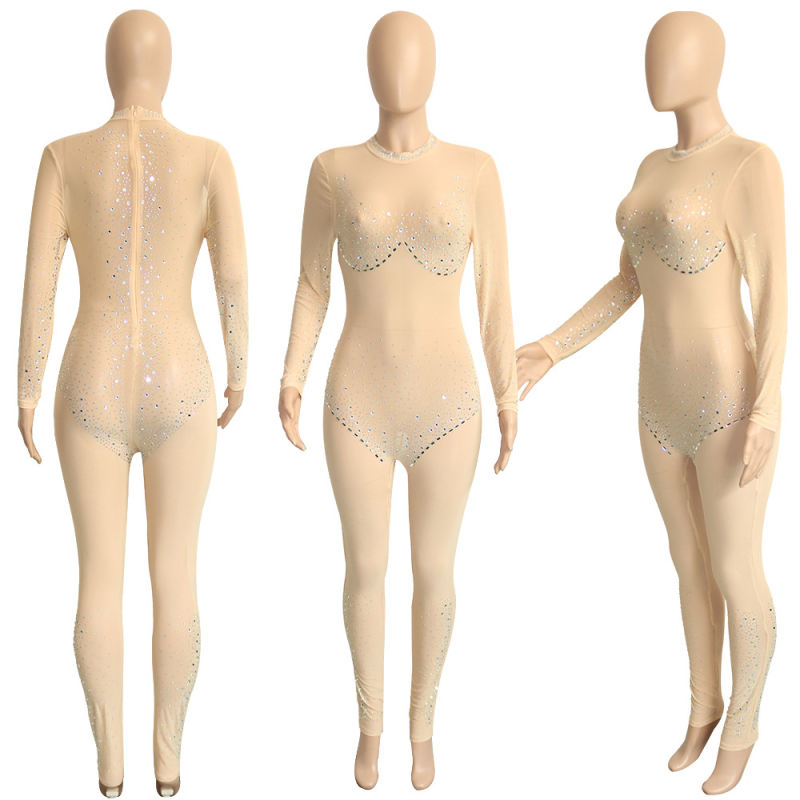 Apricot Mesh Rhinestone Long Sleeve Jumpsuit TQK550274-18