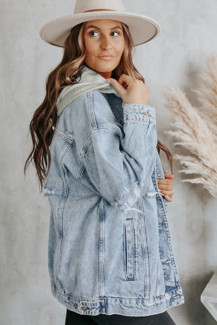 Sky Blue Button Closure Ripped Hooded Denim Jacket LC788143-4
