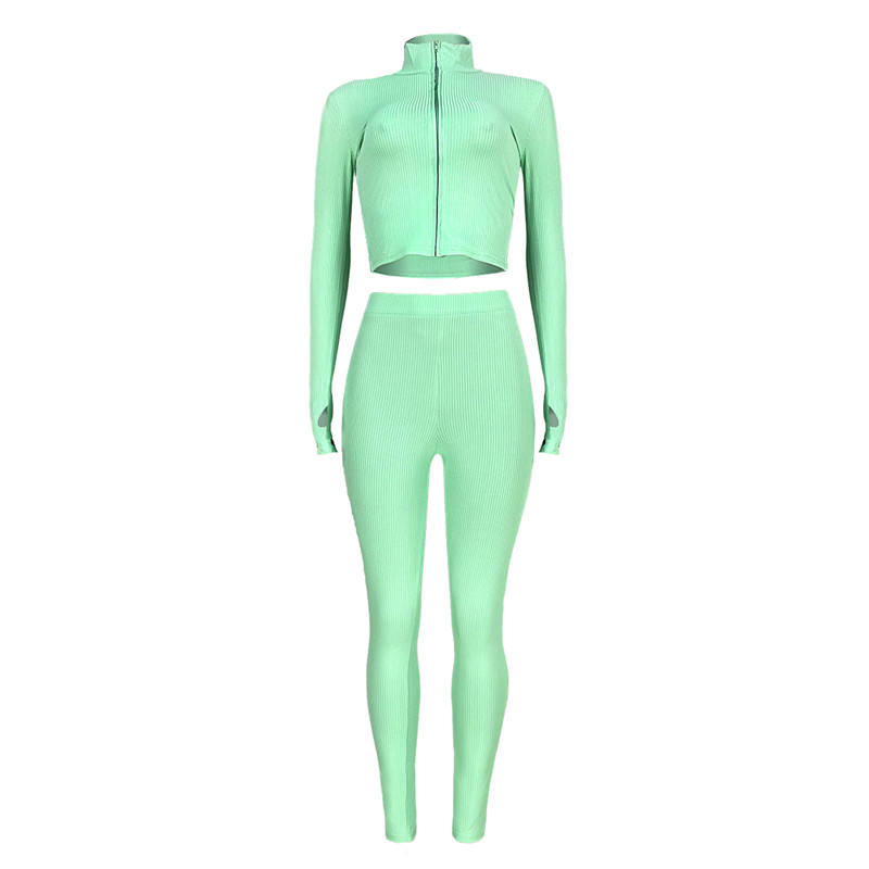 Light Green Cotton Blend Zipper Datail Long Sleeve Top with Pant Set TQK710132-28