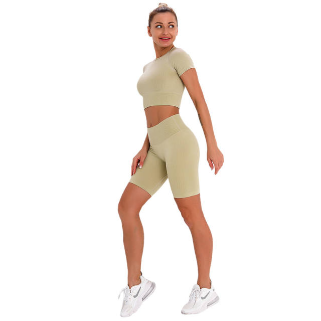 Light Yellow Seamless Short Sleeve Yoga Sports Set TQE00138-42