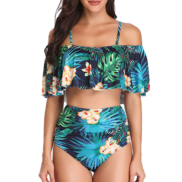 Green Floral Print High Waist Bikini Swimsuit