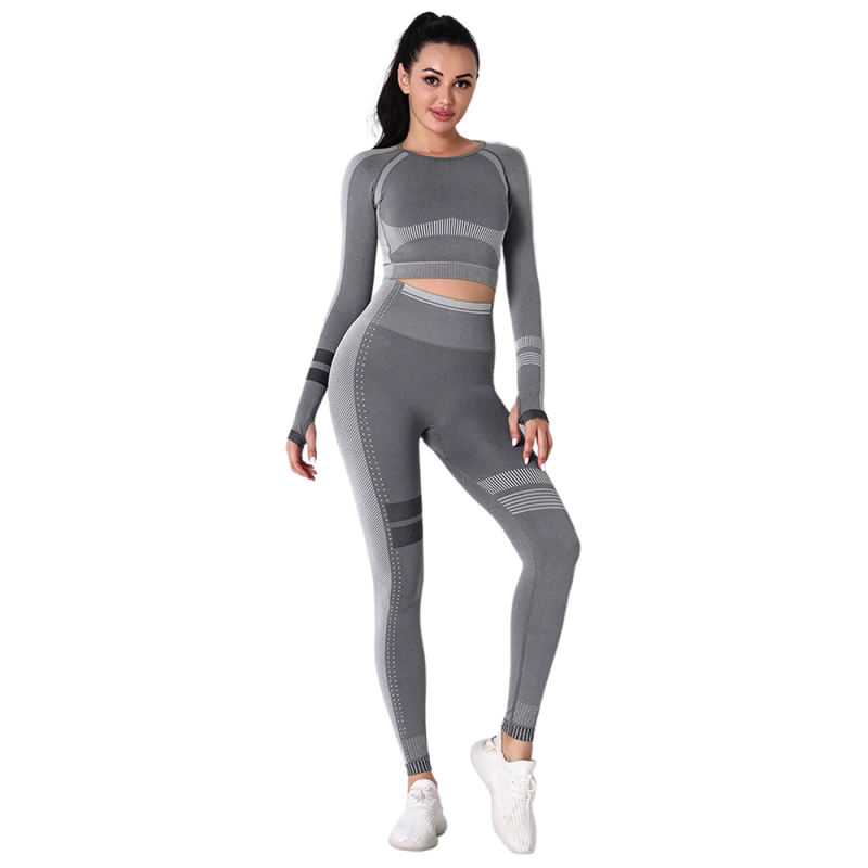 Dark Gray Seamless Knit Long Sleeve Pant Yoga Set TQE91372-26