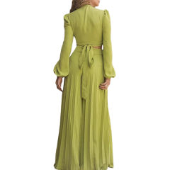 Green Long Sleeve Crop Shirt and Casual Pant Set TQF711037-9