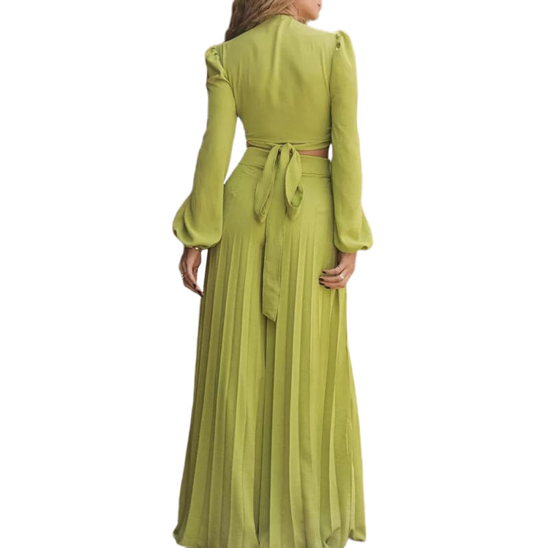 Green Long Sleeve Crop Shirt and Casual Pant Set TQF711037-9