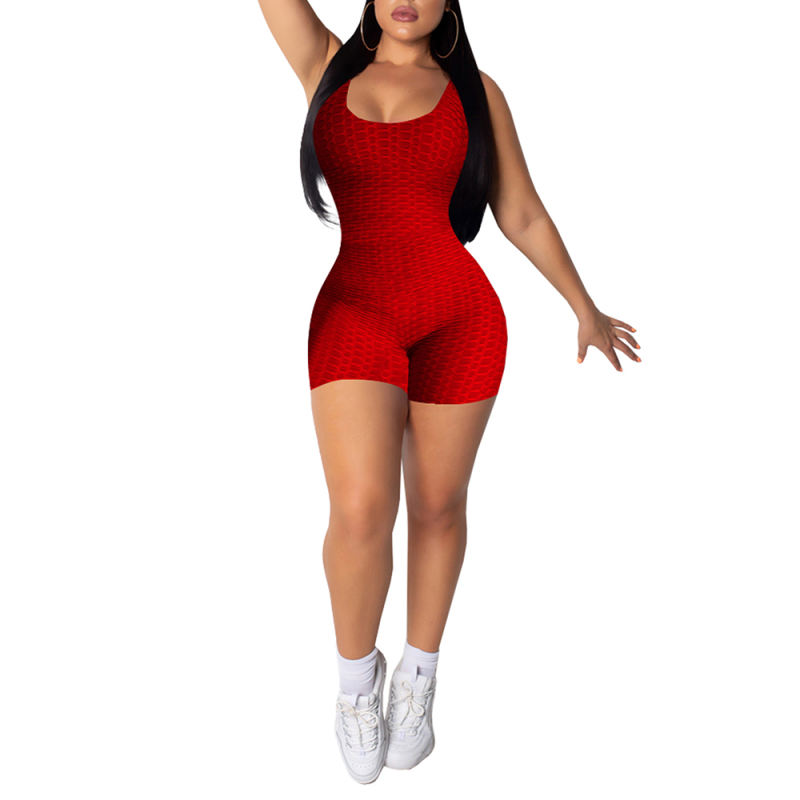 Red Jacquard Bubble Sleeveless Yoga Romper TQK550226-3