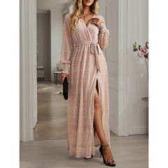 Champagne Sequin V Neck High Split Maxi Dress TQK311352-53