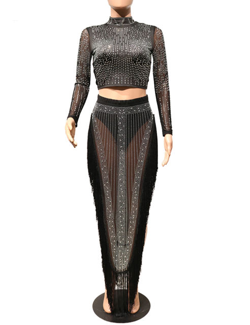 Gold Rhinestone Long Sleeve Crop Tops and Tassels Skirt Set TQV810016-12