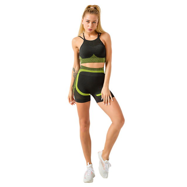 Army Green Splice Black Sports Bra With Shorts Set TQK710234-27
