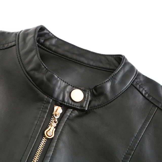 Black Stand Collar Zipper Detail PU Leather Jacket TQK280094-2