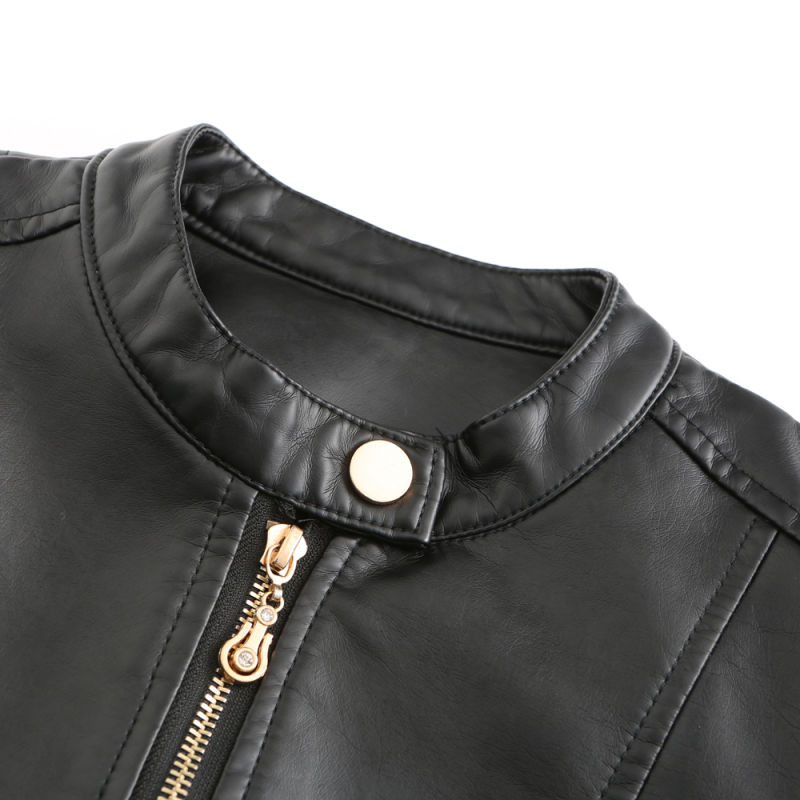 Black Stand Collar Zipper Detail PU Leather Jacket TQK280094-2