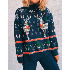 Navy Blue Christma Tree Deer Snowflake Print Knit Pullover TQK271415-34