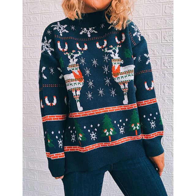 Navy Blue Christma Tree Deer Snowflake Print Knit Pullover TQK271415-34
