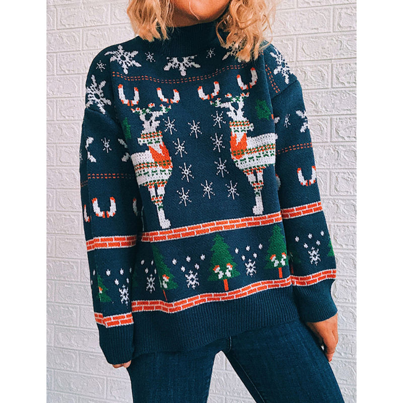 Navy Blue Christma Tree Deer Snowflake Print Knit Pullover TQK271415-34