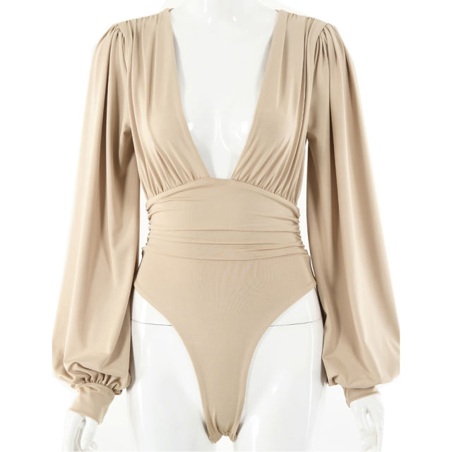 Khaki Deep V Neck Pleated Long Sleeve Bodysuit TQK550214-21
