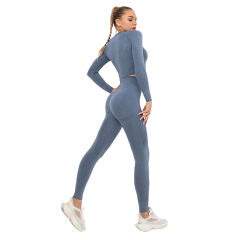 Navy Blue Seamless Long Sleeve Yoga Sports Set TQE00135-34