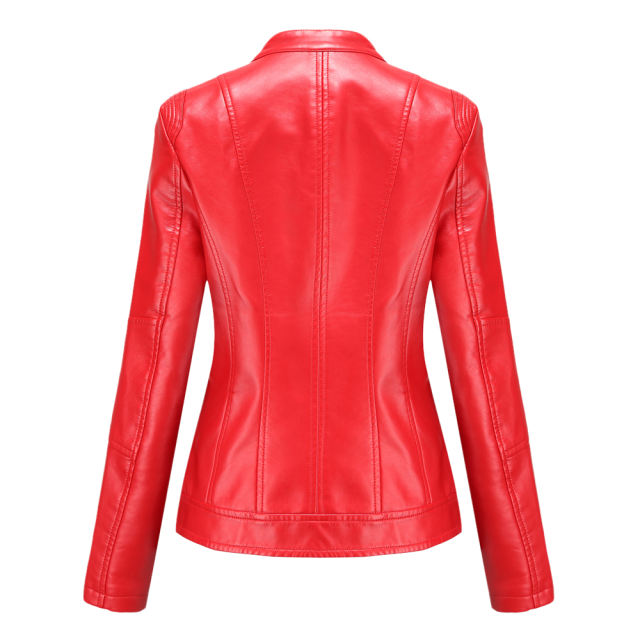 Red Stand Collar Zipper Detail PU Leather Jacket TQK280094-3