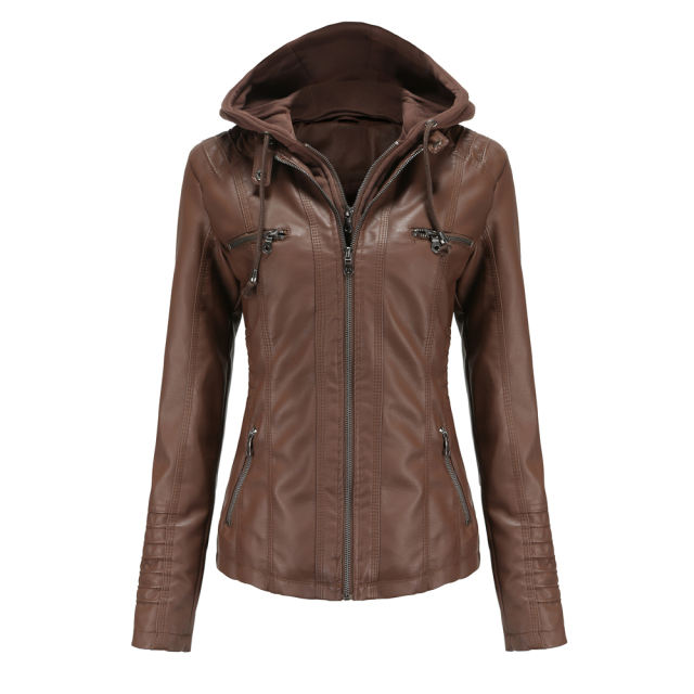 Coffee Removable Hooded Washed PU Leather Jacket TQK280096-15