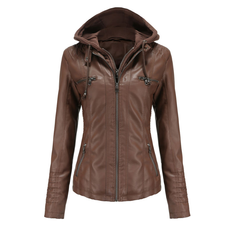 Coffee Removable Hooded Washed PU Leather Jacket TQK280096-15