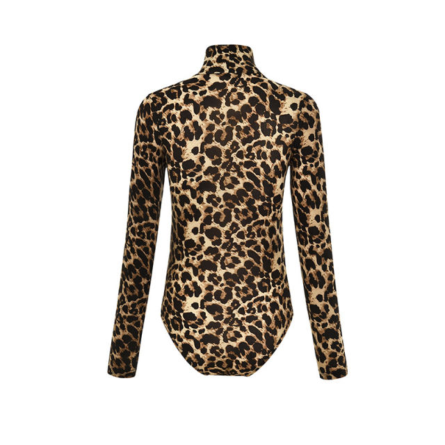 Coffee Leopard Print Turtleneck Bodysuit TQK00228-15