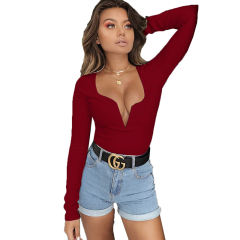 Wine Red Deep V Long Sleeve Bodysuit TQK550156-103