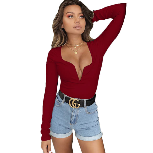 Wine Red Deep V Long Sleeve Bodysuit TQK550156-103