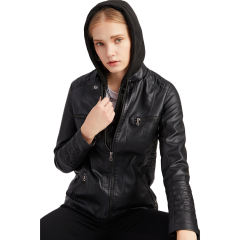 Black Removable Hooded Washed PU Leather Jacket TQK280096-2