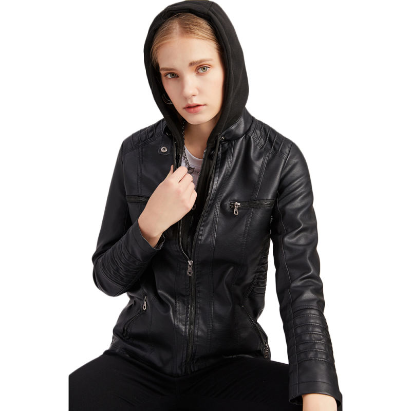 Black Removable Hooded Washed PU Leather Jacket TQK280096-2