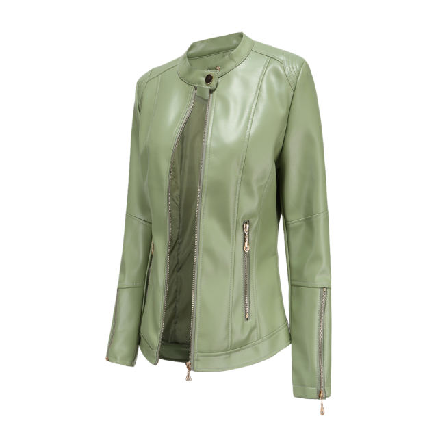 Light Green Stand Collar Zipper Detail PU Leather Jacket TQK280094-28