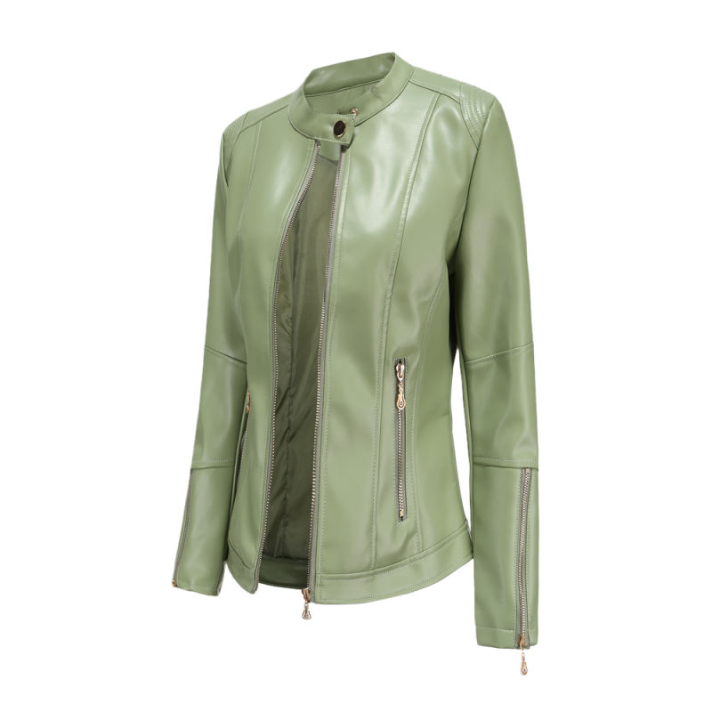 Light Green Stand Collar Zipper Detail PU Leather Jacket TQK280094-28