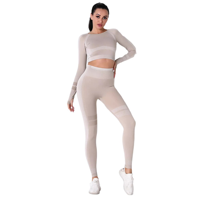 Khaki Seamless Knit Long Sleeve Pant Yoga Set TQE91372-21