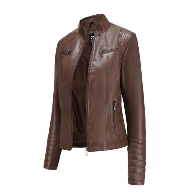 Coffee Zipper Pockets Long Sleeve PU Leather Jacket TQK280093-15