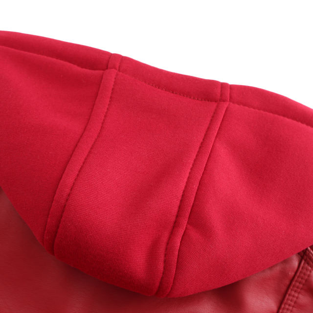 Red Removable Hooded Washed PU Leather Jacket TQK280096-3