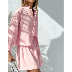 Pink Jacquard 100%Cotton Button Shirt and Shorts Set TQF711024-10