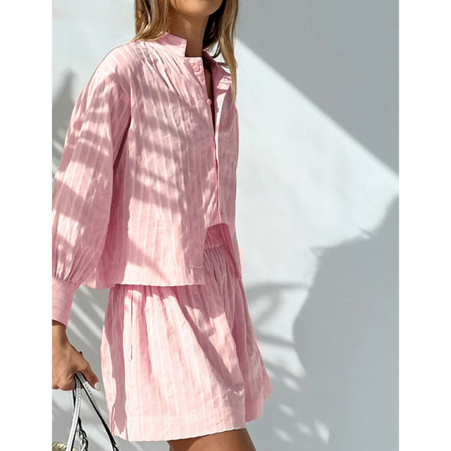 Pink Jacquard 100%Cotton Button Shirt and Shorts Set TQF711024-10